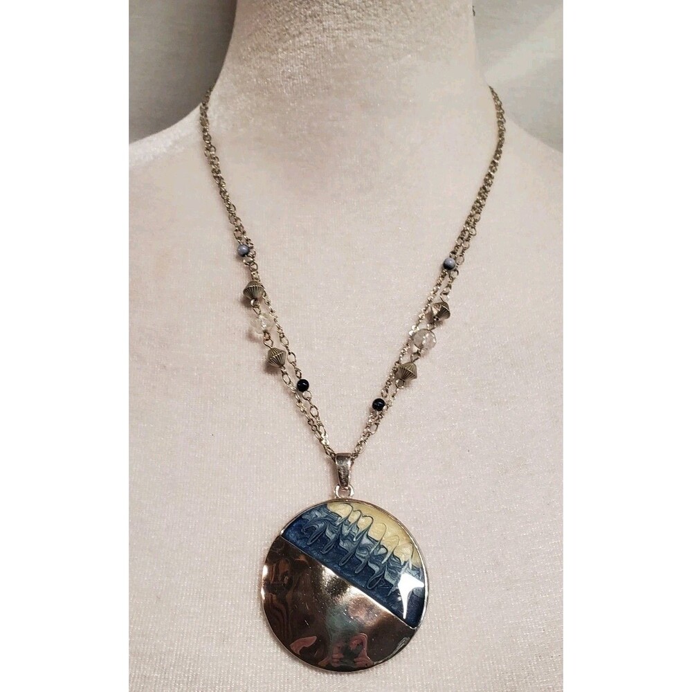 Silver Tone Vtg modernist blue enamel swirl fluid art chain Pendant necklace